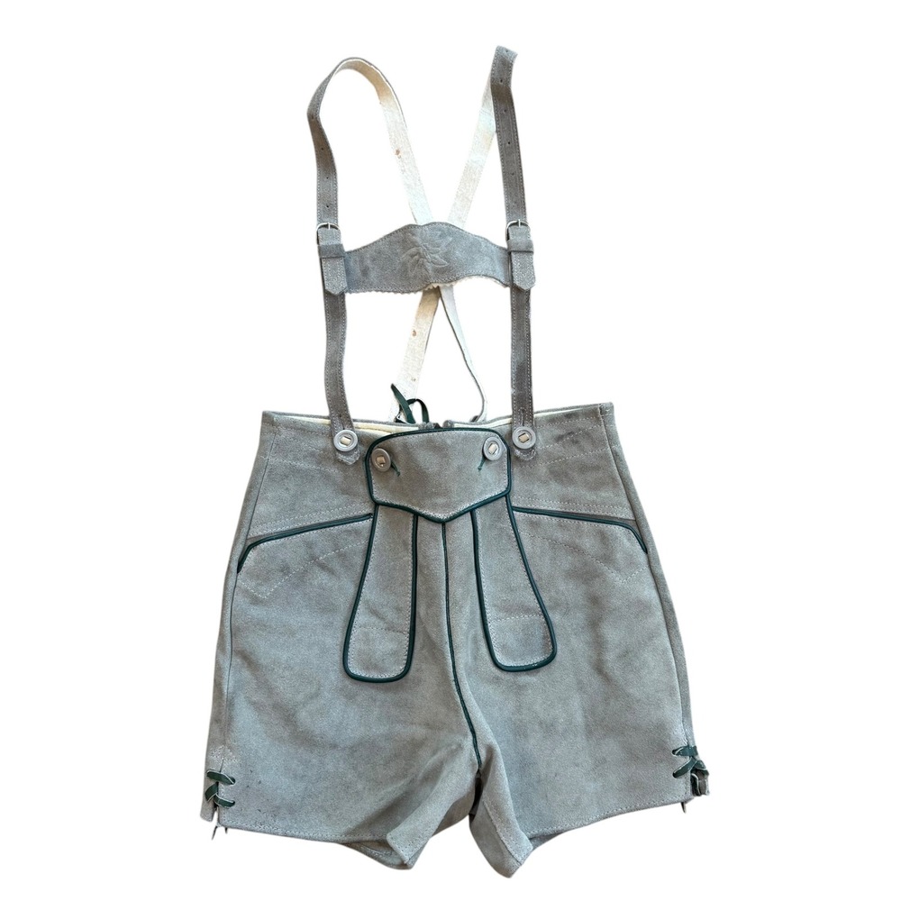 Vintage Kids Grey Suede Lederhosen Austrian Trachten Shorts with Suspenders Sz 8